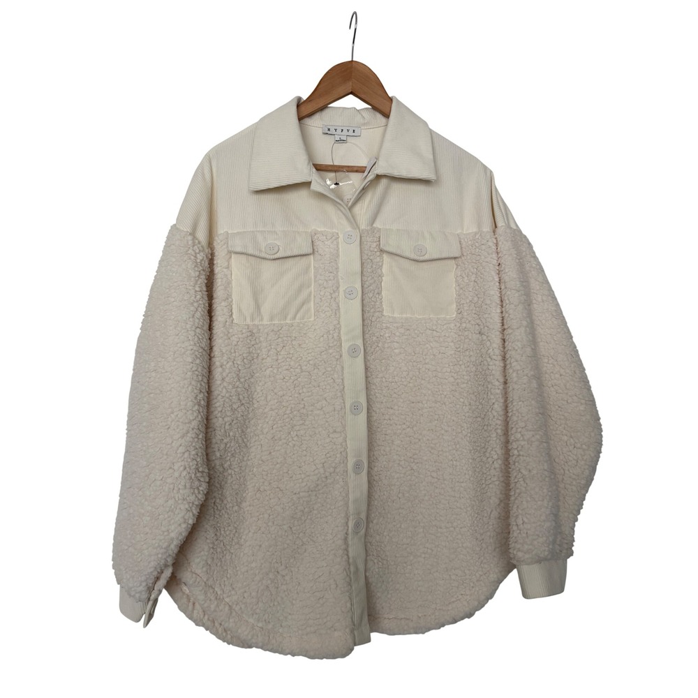 Hyfve Cream Corduroy Mountain Chic Cabincore Neutral Faux Shearling Shacket L